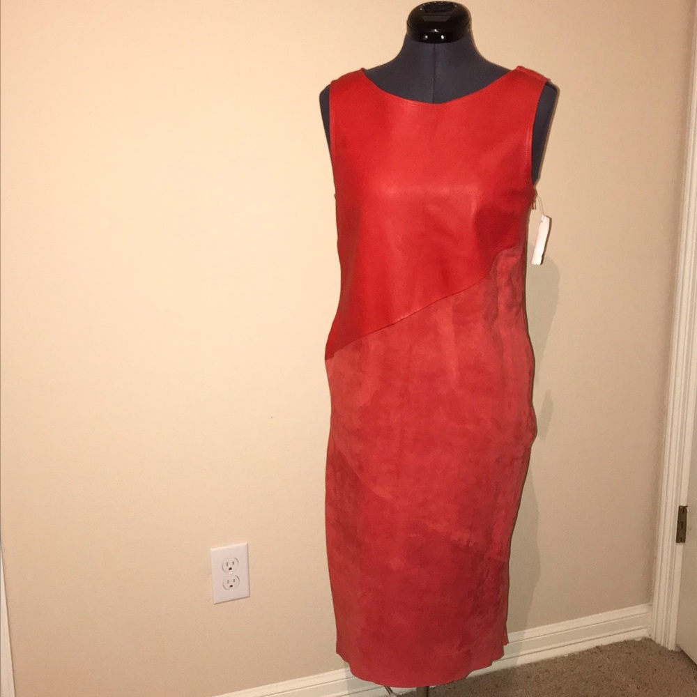 Red leather and suede asymmetric seam midi dress